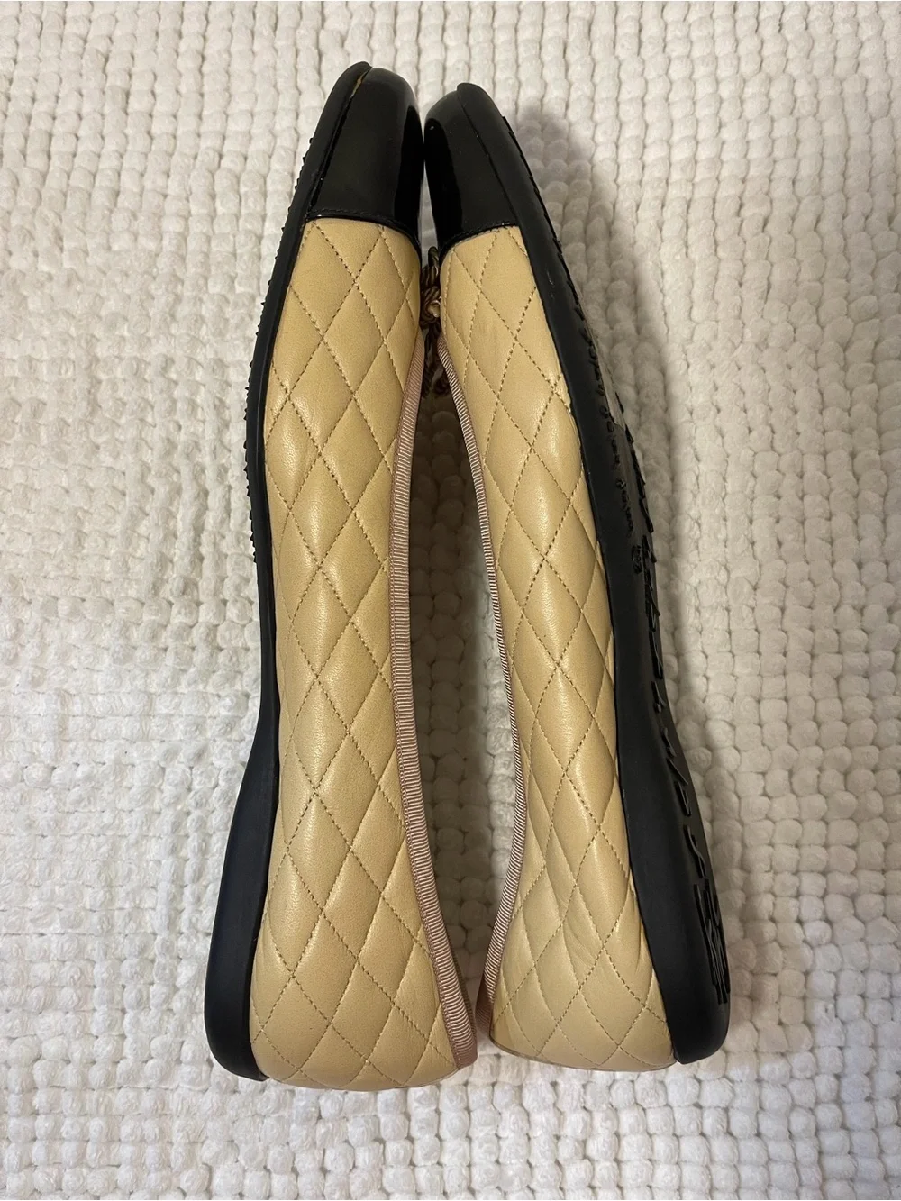 Quilted Two-Tone Ballet Flats in Beige and Black
